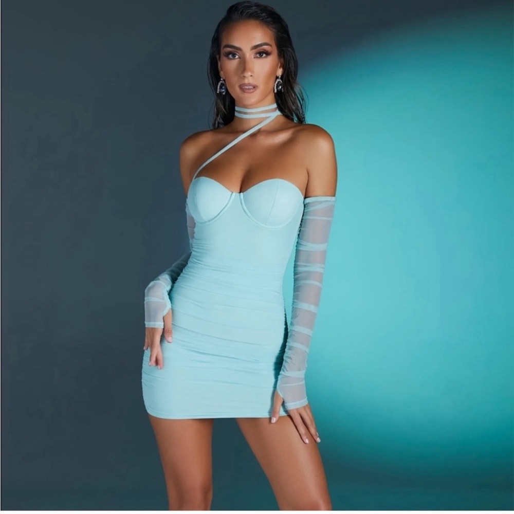 EUC—- OH POLLY TEAL CHAMBERY UNDERWIRE BARDOT MINI DRESS - US Size 2 SKU:114